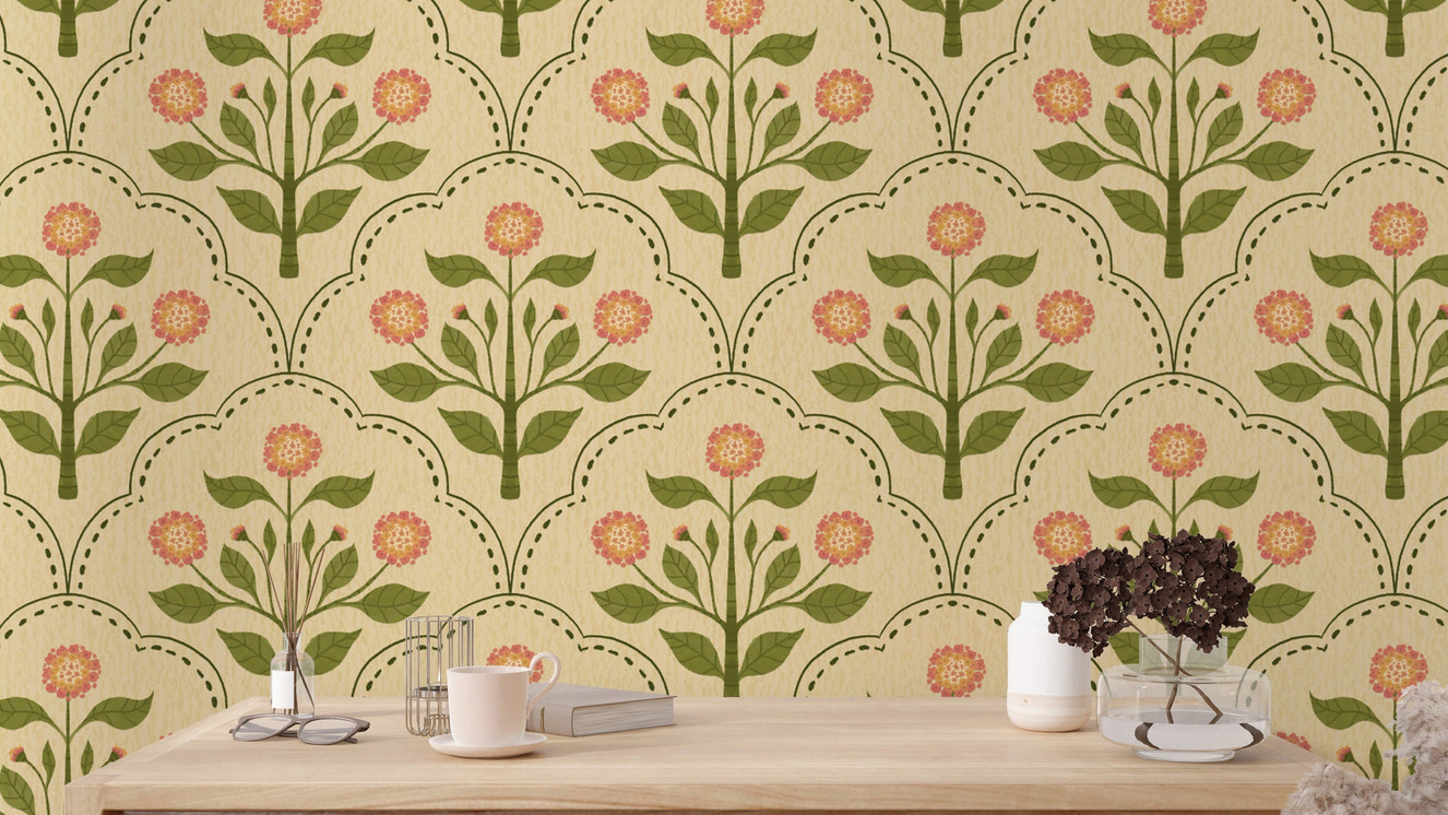 Floral wallpaper with pink lantana and green leaves
