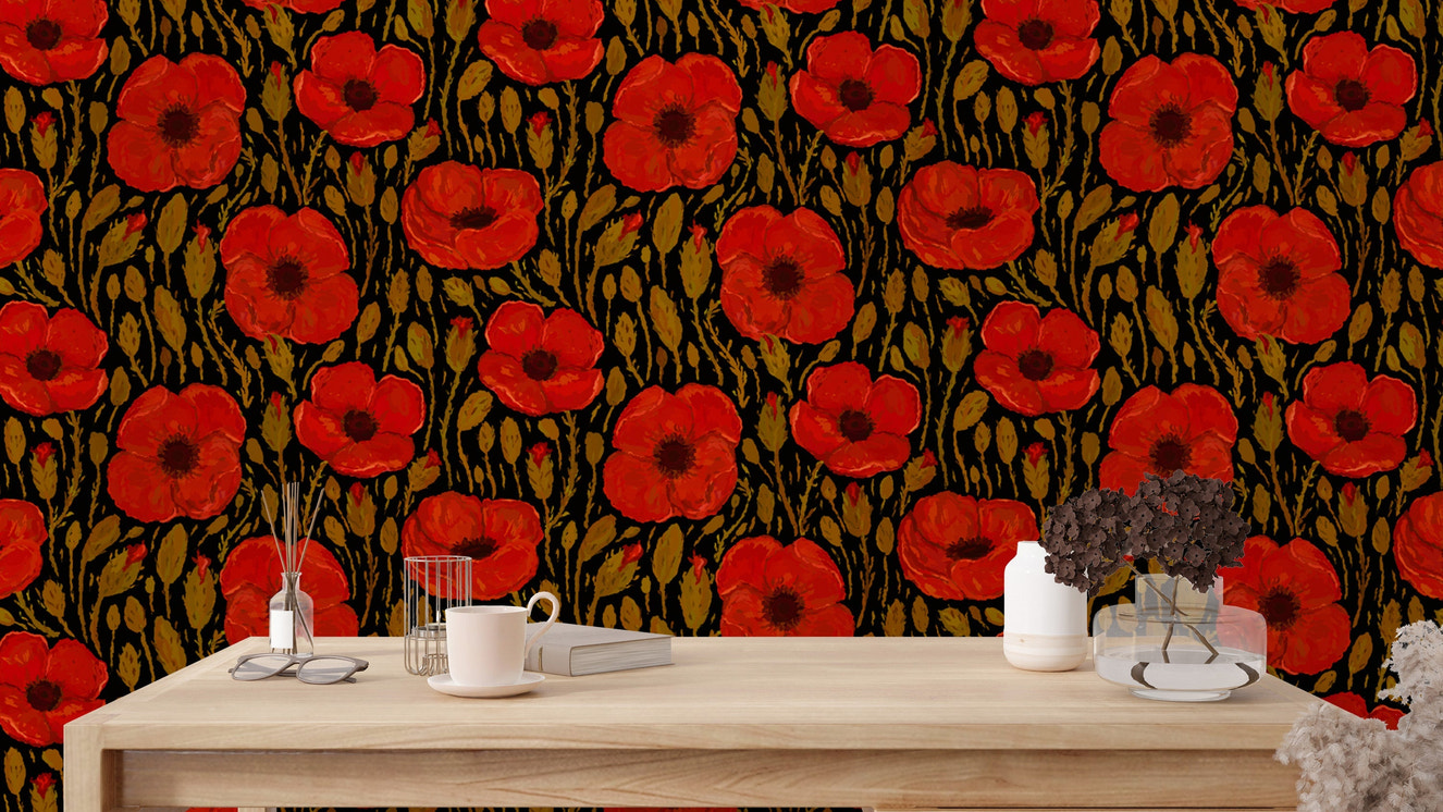 Sophisticated dark red poppy mural for modern and chic designs.
