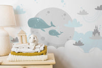 Whimsical whale and castle wallpaper

