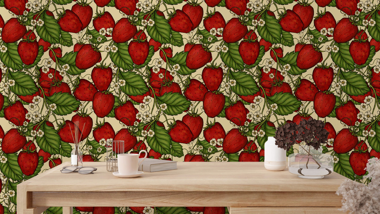 Charming red strawberry forest wallpaper for cozy and inviting spaces.
