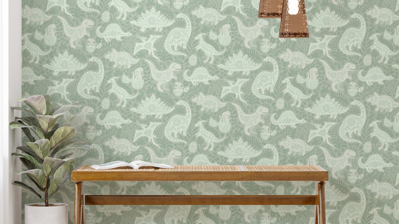 Sage Green Dinosaurs Folk Art   Wallpaper⁠