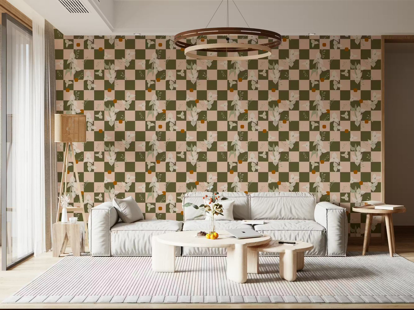 Olive Checker Floral Wallpaper Retro Boho Wallpaper⁠