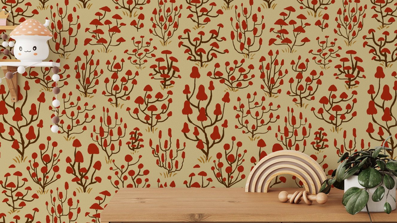 Sophisticated ditsy mushroom wallpaper in red for stylish accents.
