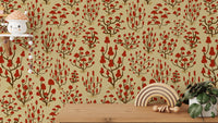 Sophisticated ditsy mushroom wallpaper in red for stylish accents.

