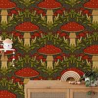 Artistic deep red heritage mushroom mural for unique interiors.
