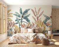 Dusty Pink Green Tropical Wallpaper Mural - Giffywalls