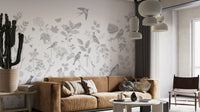 Gray wallpaper with detailed bird sketches