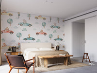 Vibrant animal racers kids' wallpaper in watercolor tones
