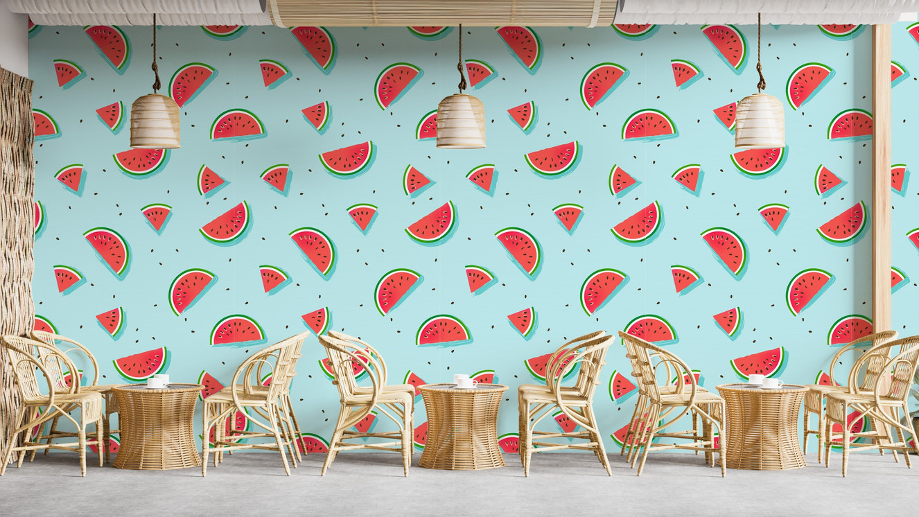 Watermelon slices on light blue wallpaper

