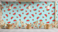 Watermelon slices on light blue wallpaper
