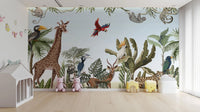 Whimsical jungle wallpaper featuring safari animals for kids.