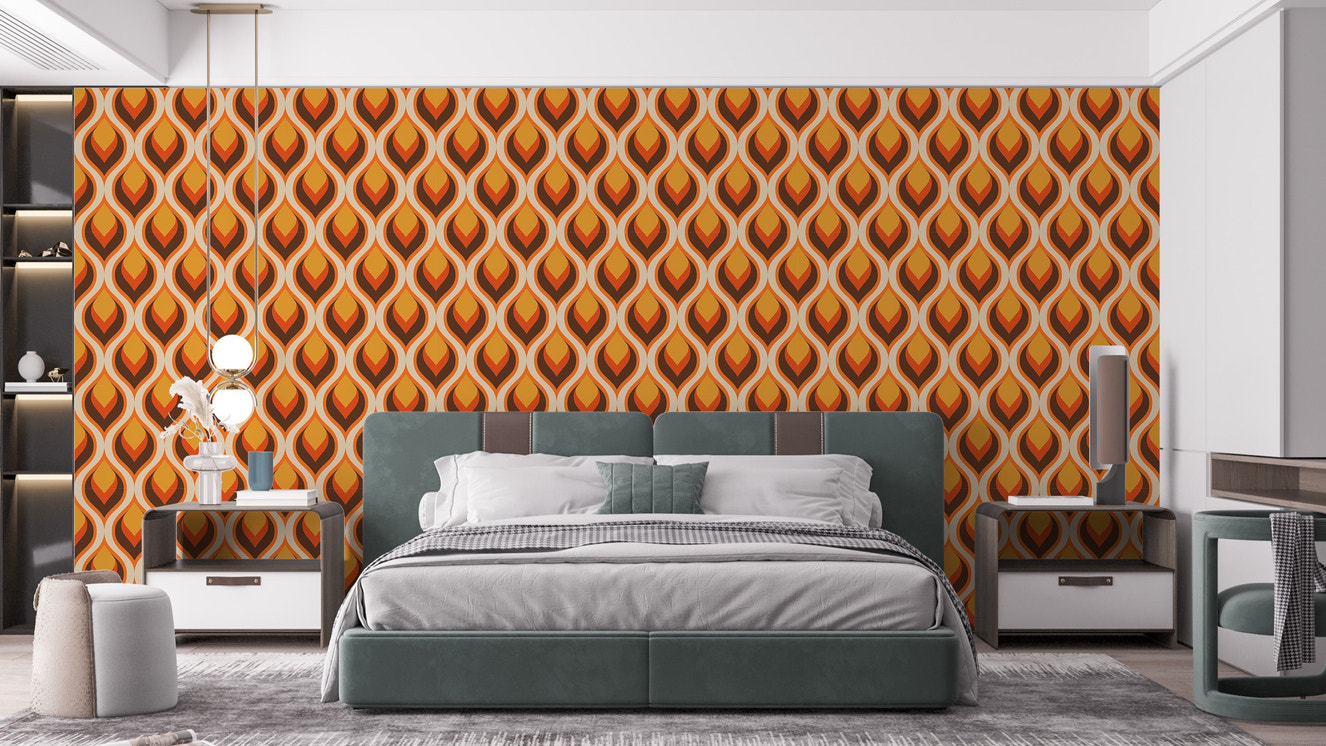Vibrant retro flame wallpaper with bold design for bedroom