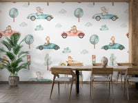 Artistic watercolor animal racers wallpaper for nurseries

