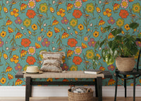 Wild floral vintage blue wallpaper for interiors