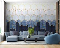 Blue & Gold Hexagonal Pattern Geometric wallpaper Murals - Giffywalls