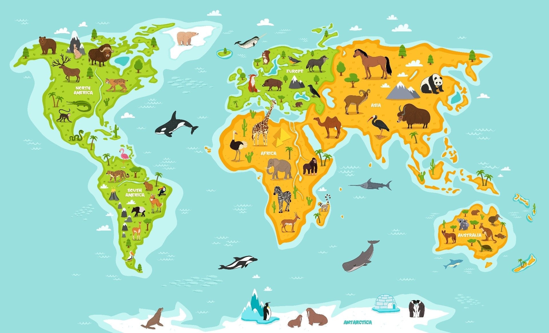Wildlife Animals World Map Wallpaper For Kids Rooms wildlife-animals-world-map-wallpaper-for-kids-rooms