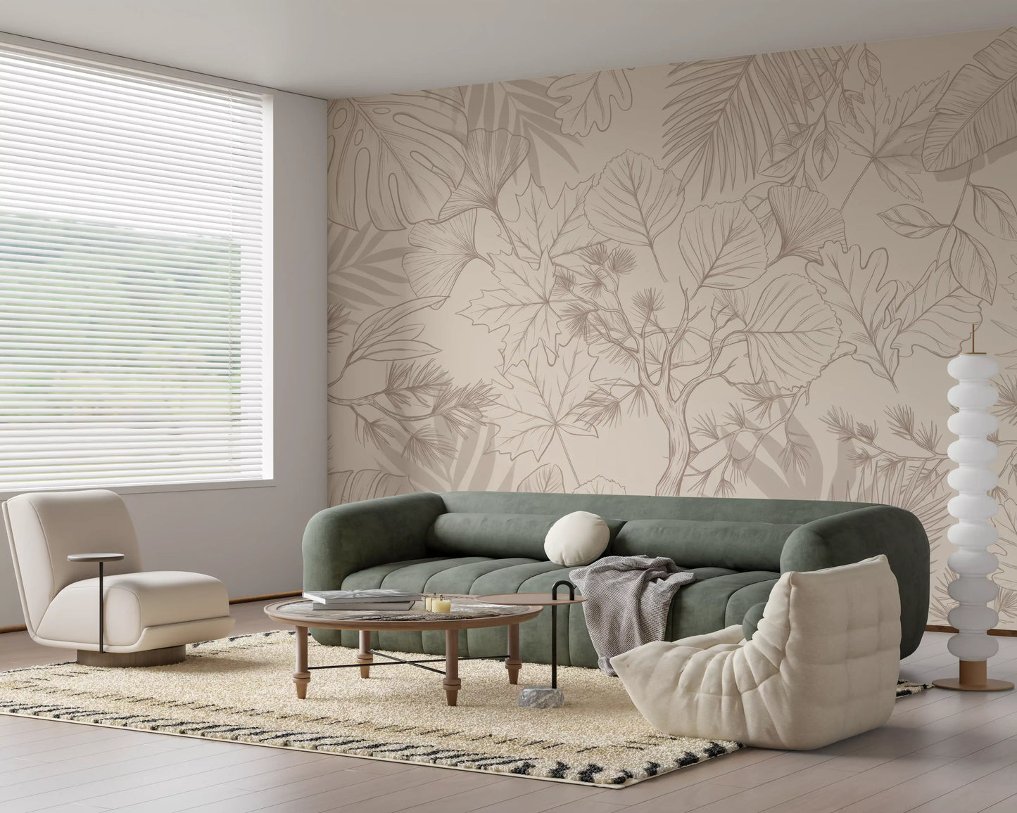 Cream Botanical Leaf Sketch Wall Mural