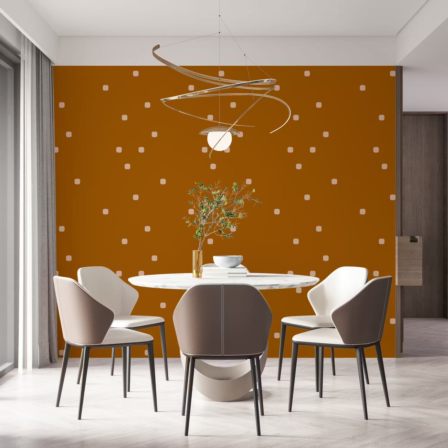 Beige rounded square dot wallpaper on a terracotta background with sparse retro spacing.