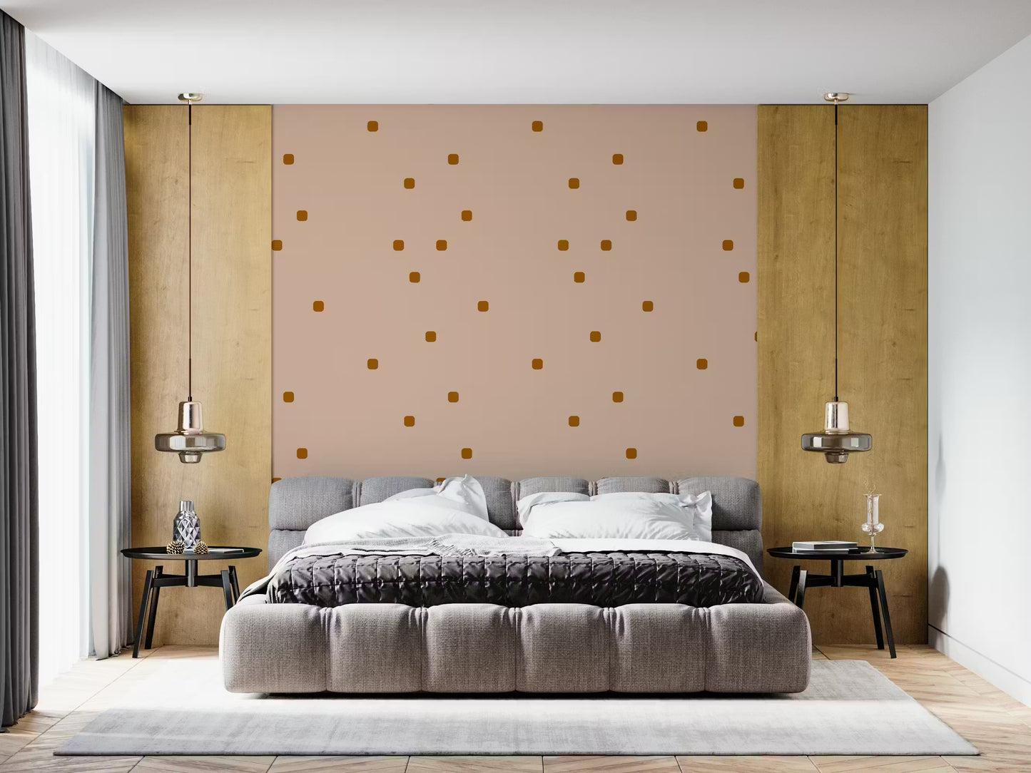 Rust brown rounded square dots wallpaper with a blush beige background.