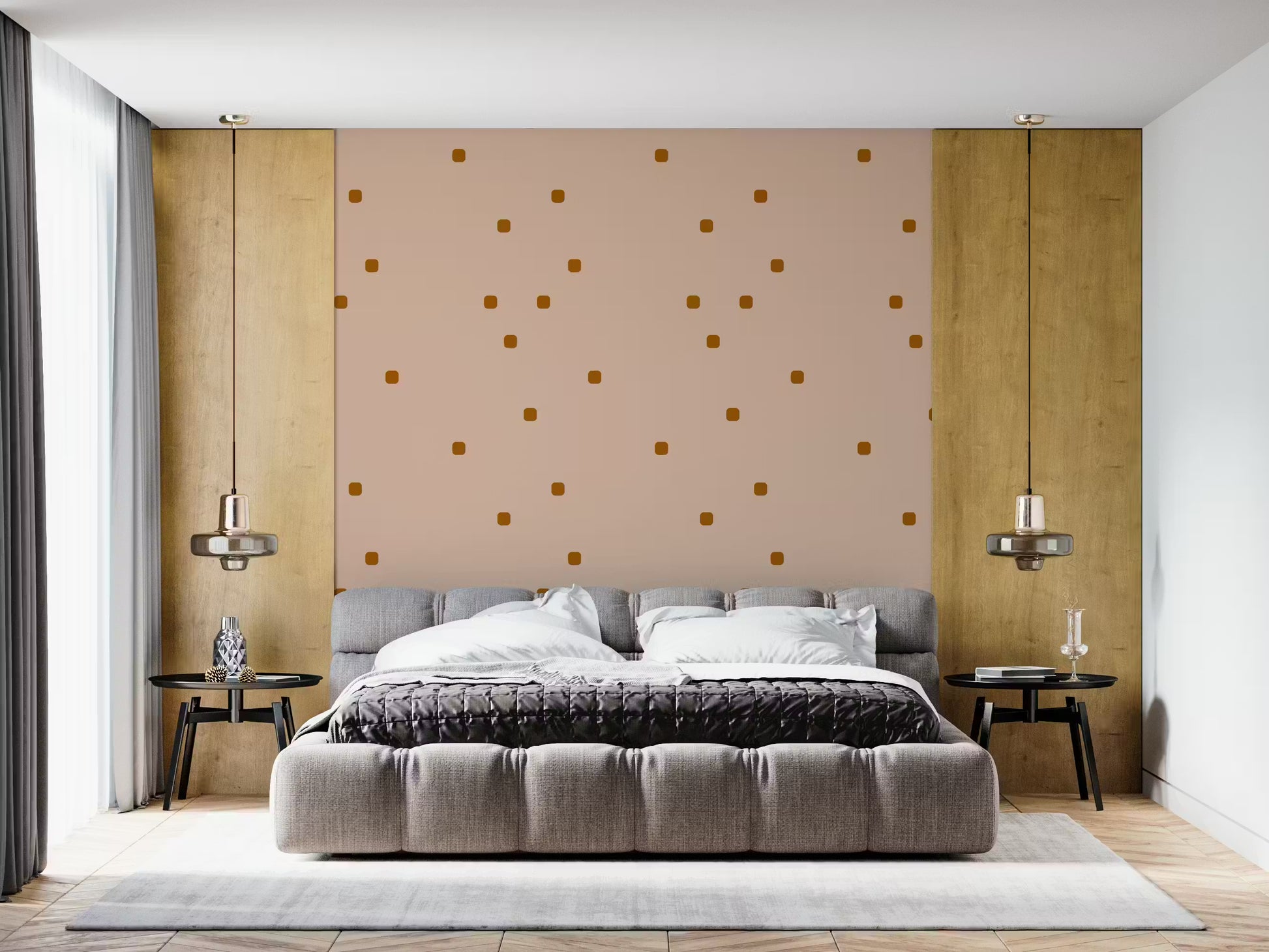 Rust brown rounded square dots wallpaper with a blush beige background.