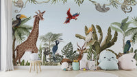 Playful kids' jungle safari wallpaper mural with exotic animals.