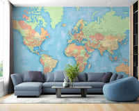 Vibrant world map wallpaper mural with colorful details.