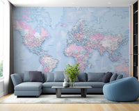 Minimalist blue world map wallpaper with detailed geography.