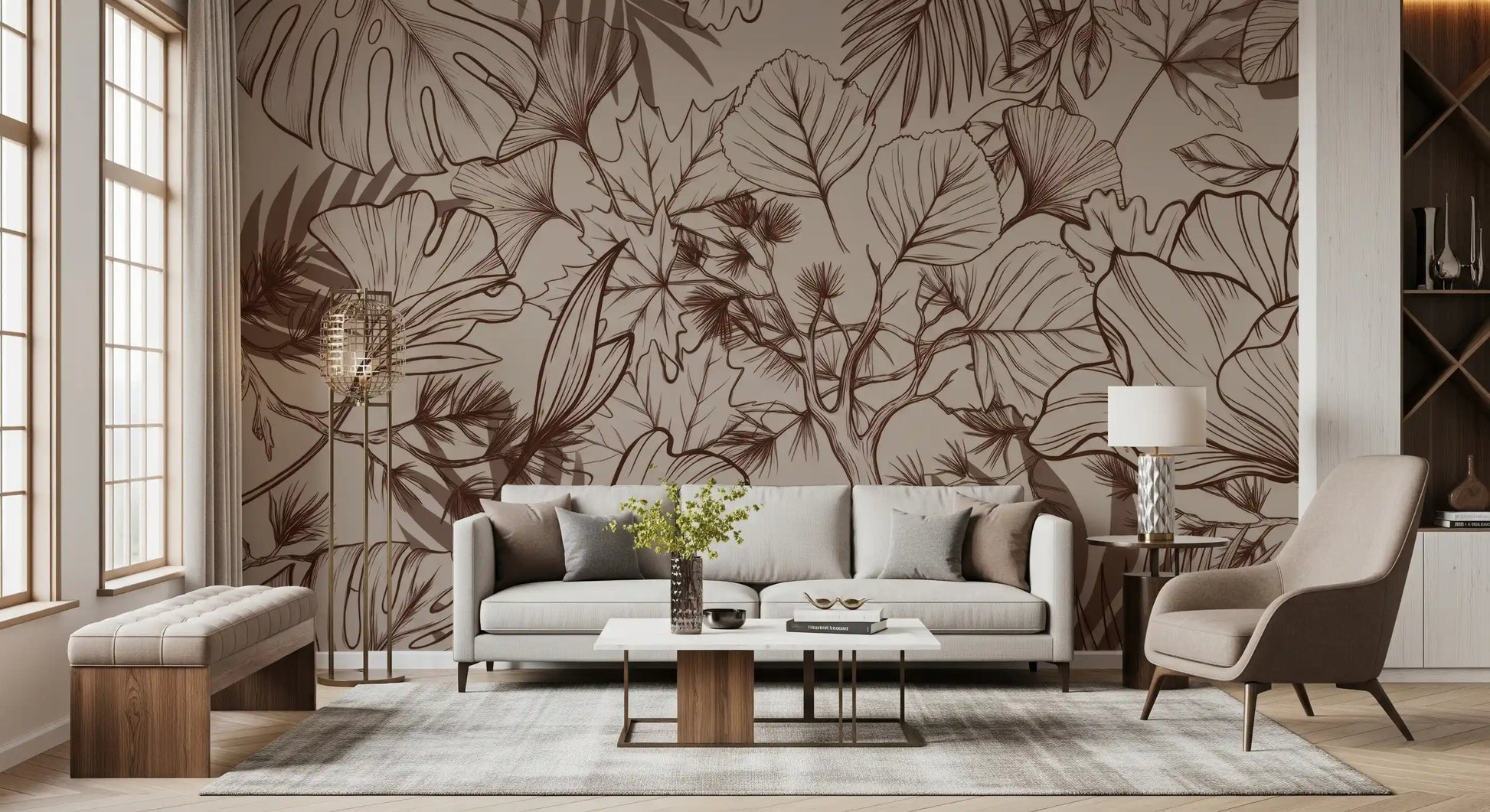 Monochromatic Botanical Line Art Wall Mural