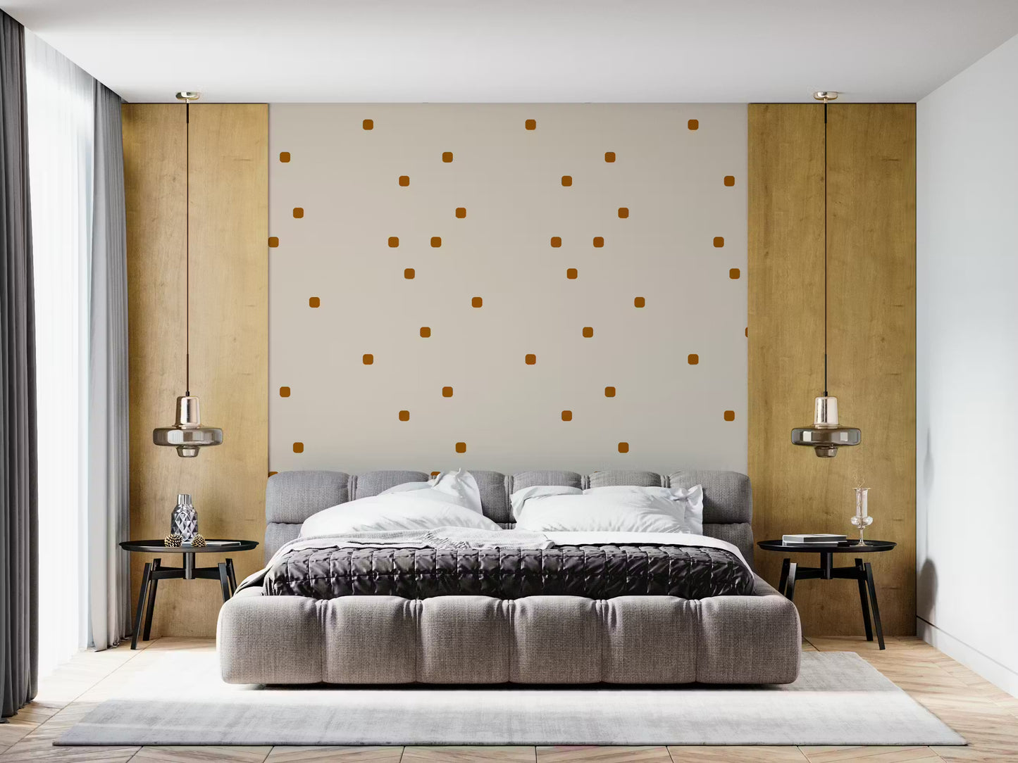 Bedroom feature wall with beige blush polka dot soft retro wallpaper.