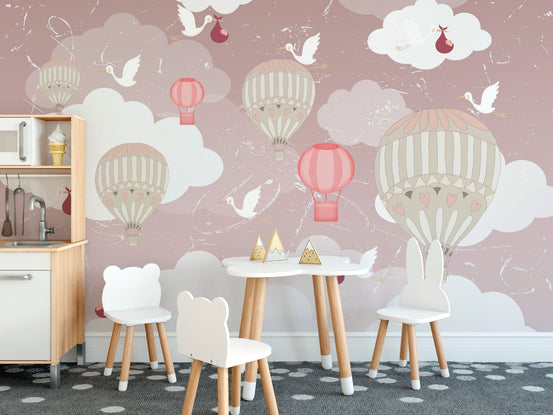 3D Hot Air Balloon Wallpaper with pastel clouds design. A802