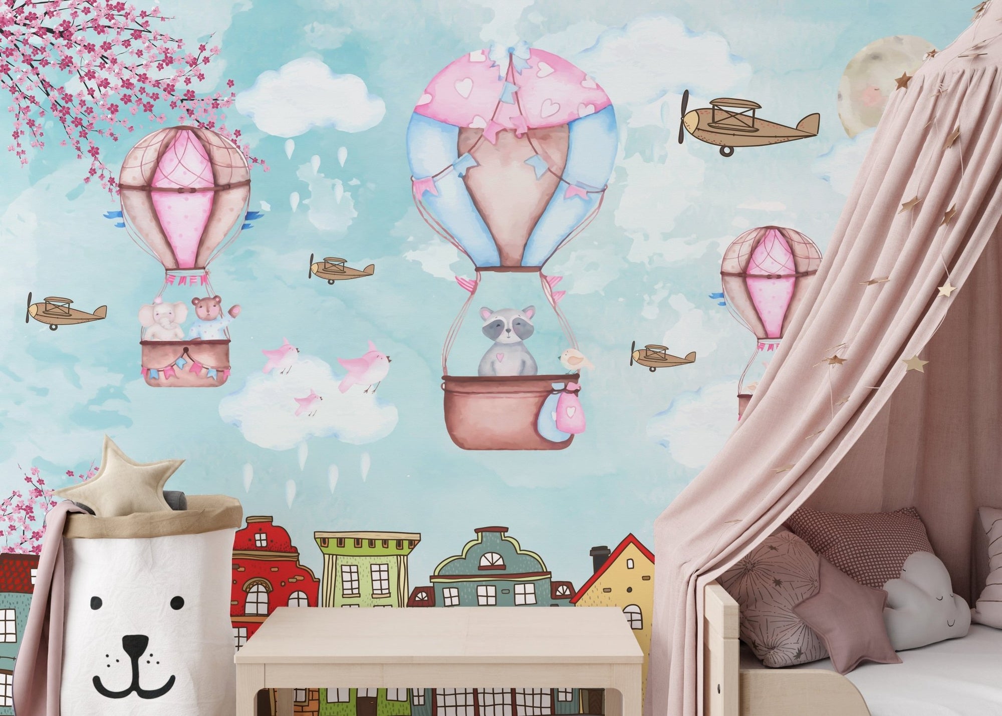Dreamy kids mural with floating hot balloons A907
