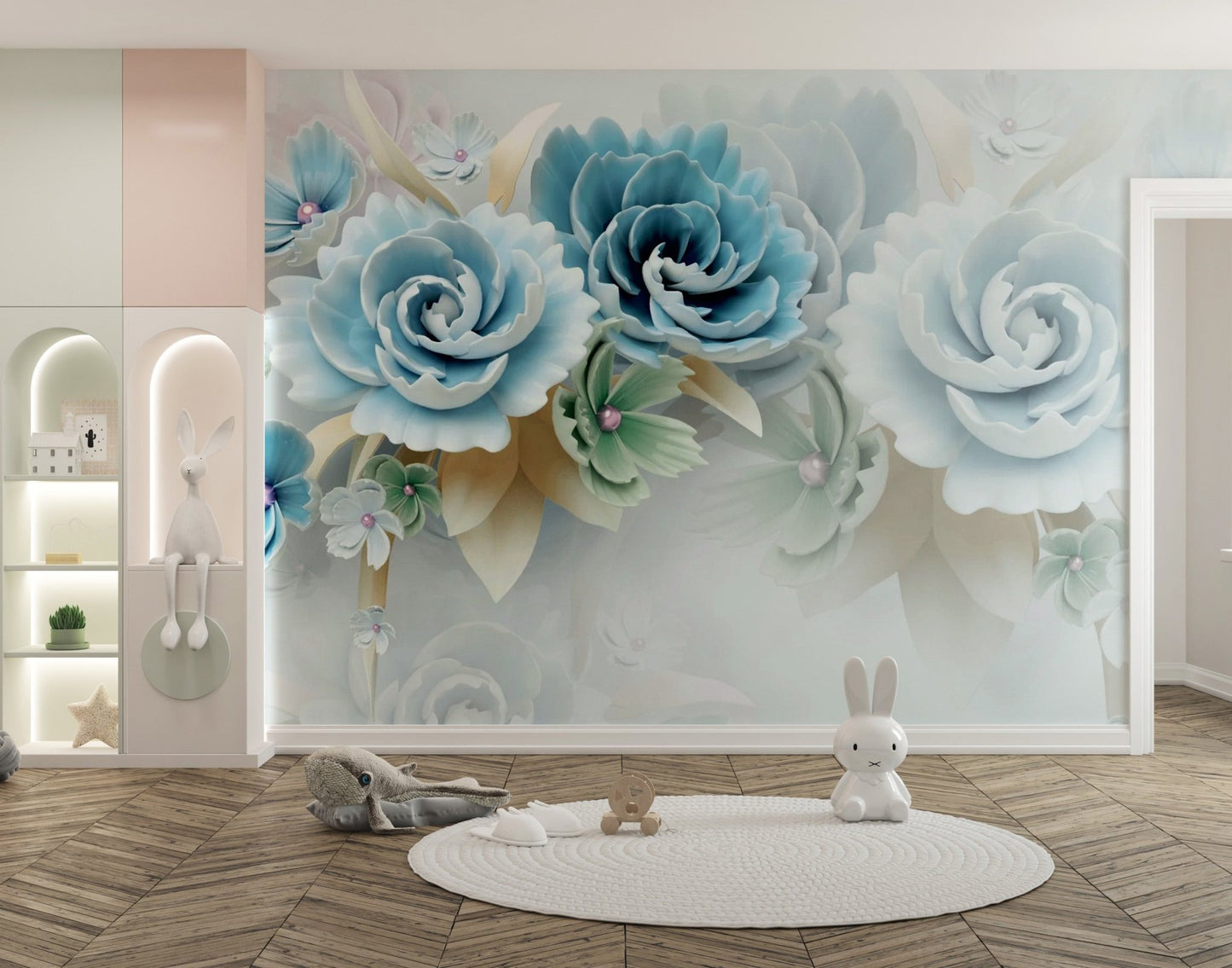 3D Large Blue Floral Wallpaper Mural - Giffywalls