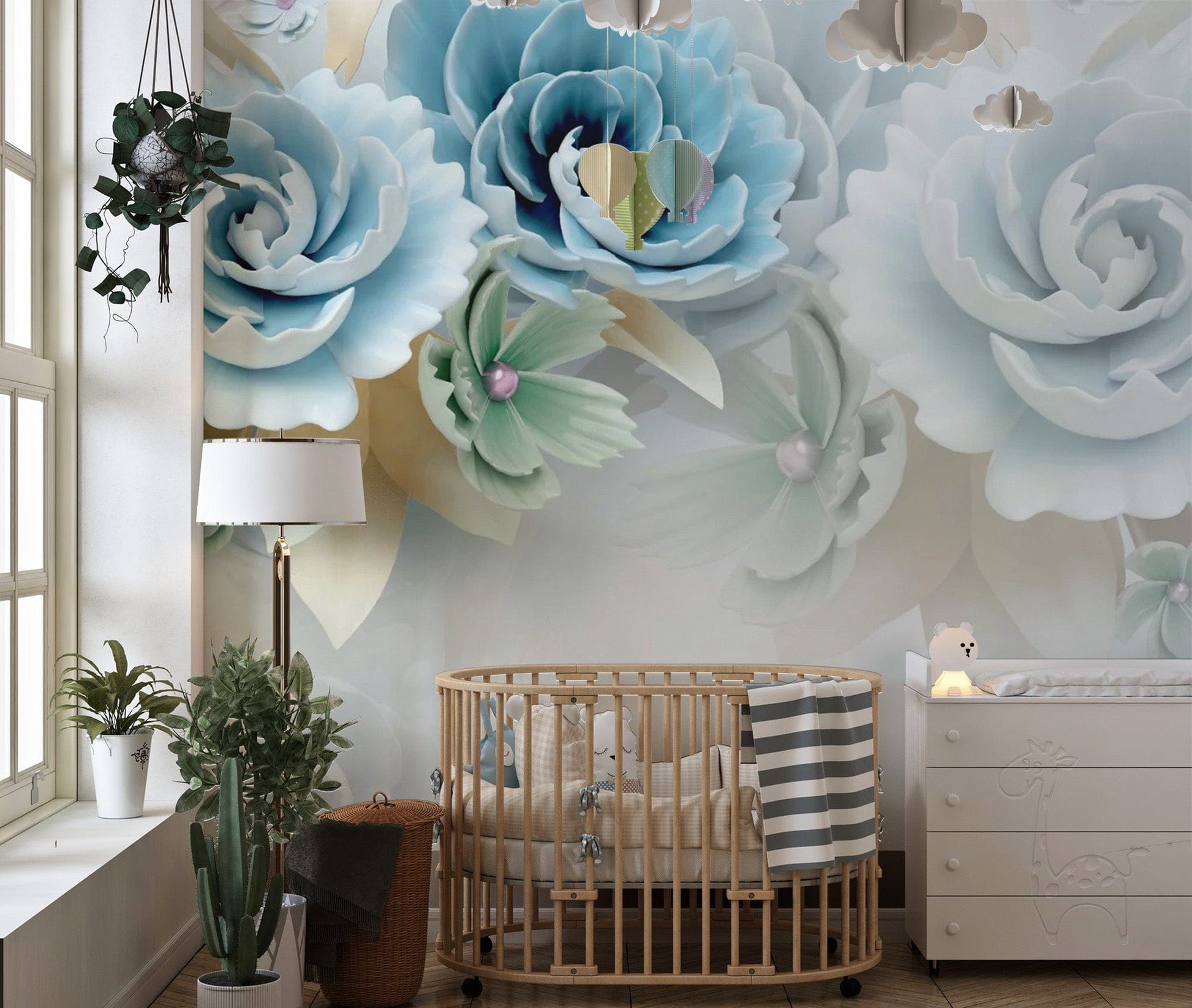 3D Large Blue Floral Wallpaper Mural - Giffywalls