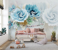 3D Large Blue Floral Wallpaper Mural
