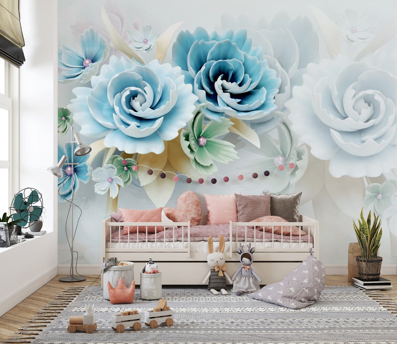3D Large Blue Floral Wallpaper Mural
