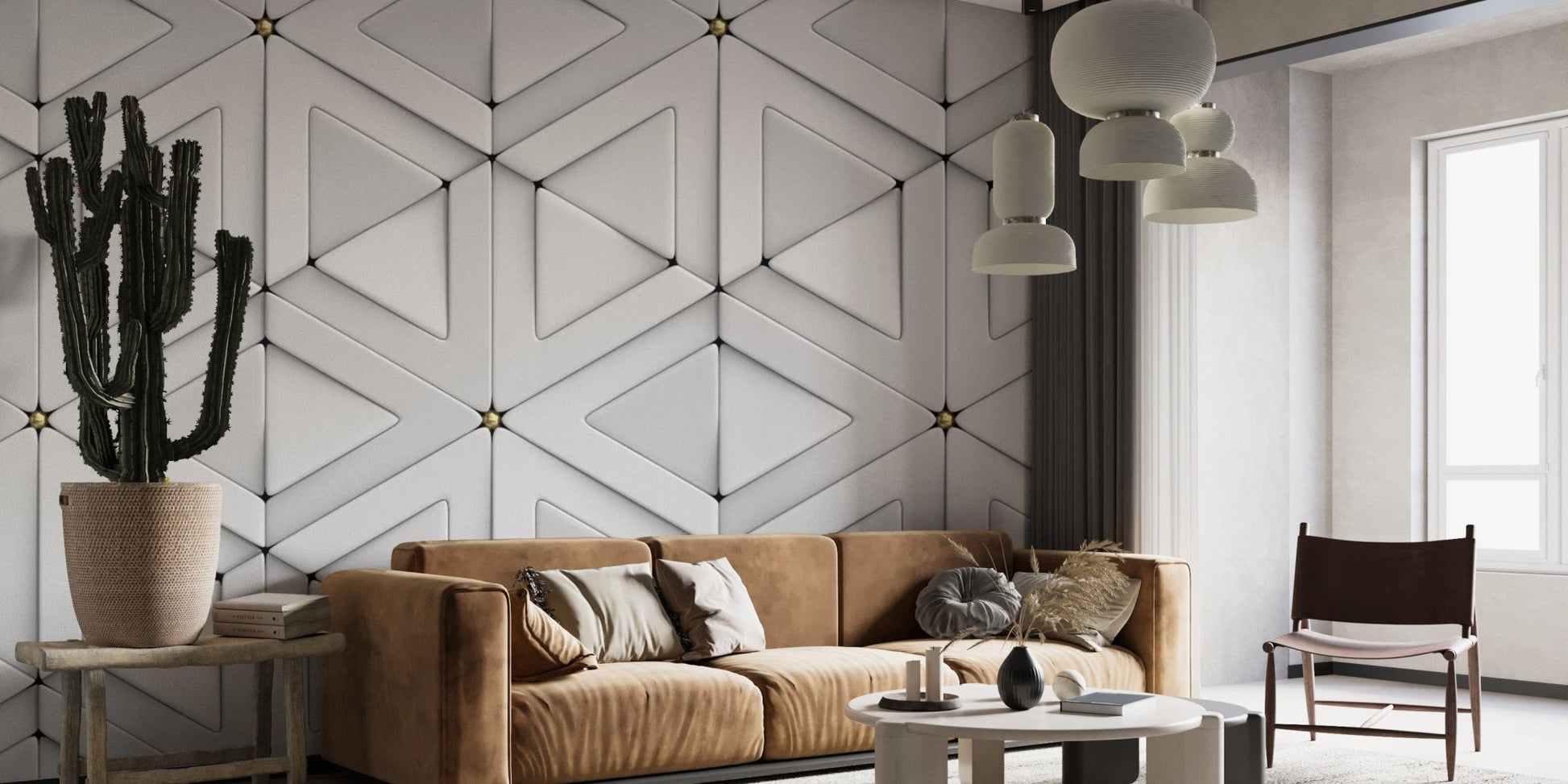 White triangle pattern wallpaper with a 3D textured effect. Abstract-18