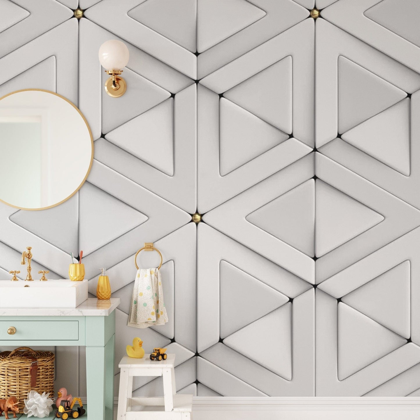 Sophisticated 3D white triangle wallpaper for refined interiors. Abstract-18