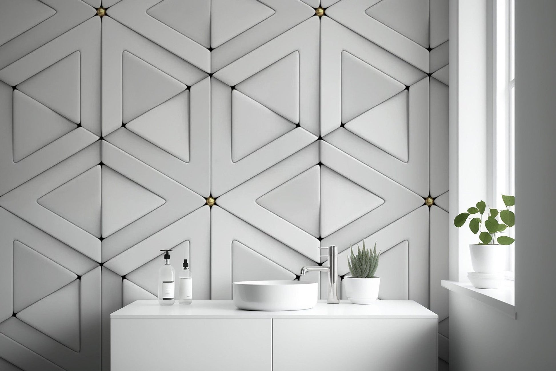 Bold 3D white triangle wallpaper for statement walls. Abstract-18