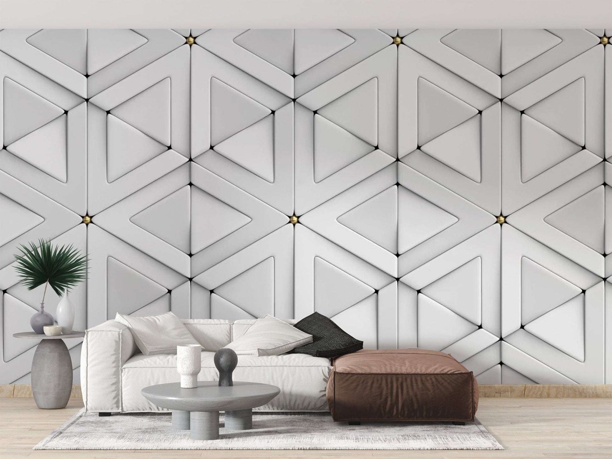 Contemporary 3D white triangle wallpaper for chic walls. Abstract-18