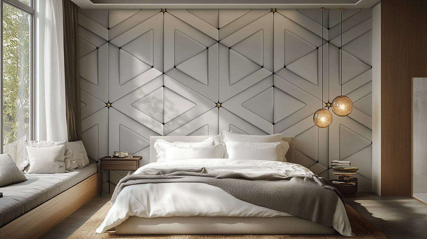 Minimalist 3D triangle pattern wallpaper in white tones. Abstract-18