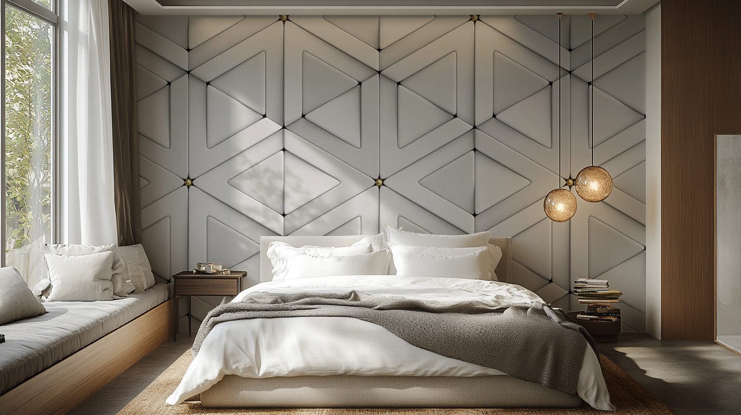 Minimalist 3D triangle pattern wallpaper in white tones. Abstract-18