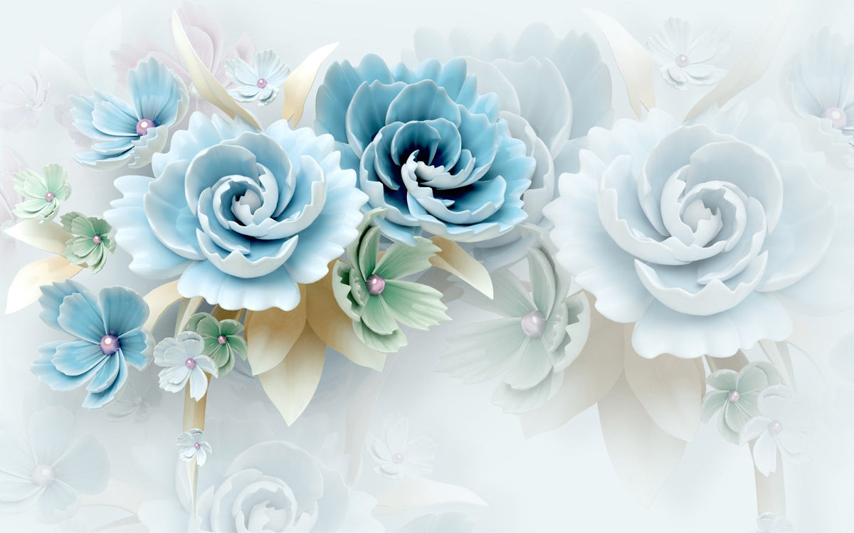 3D Large Blue Floral Wallpaper in your room — zoomed