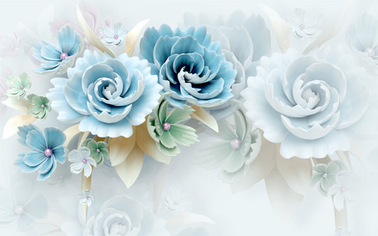 3D Large Blue Floral Wallpaper