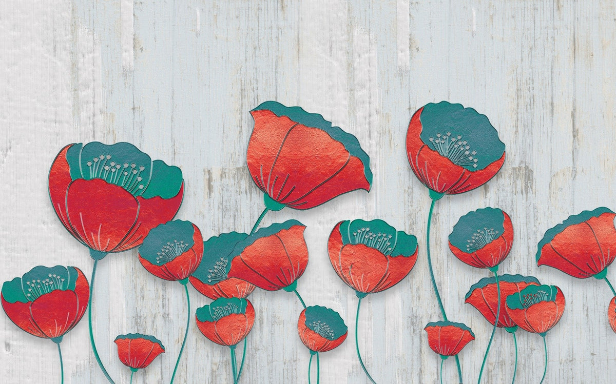Blooming 3D Red Floral Wallpaper Mural in your room — zoomed
