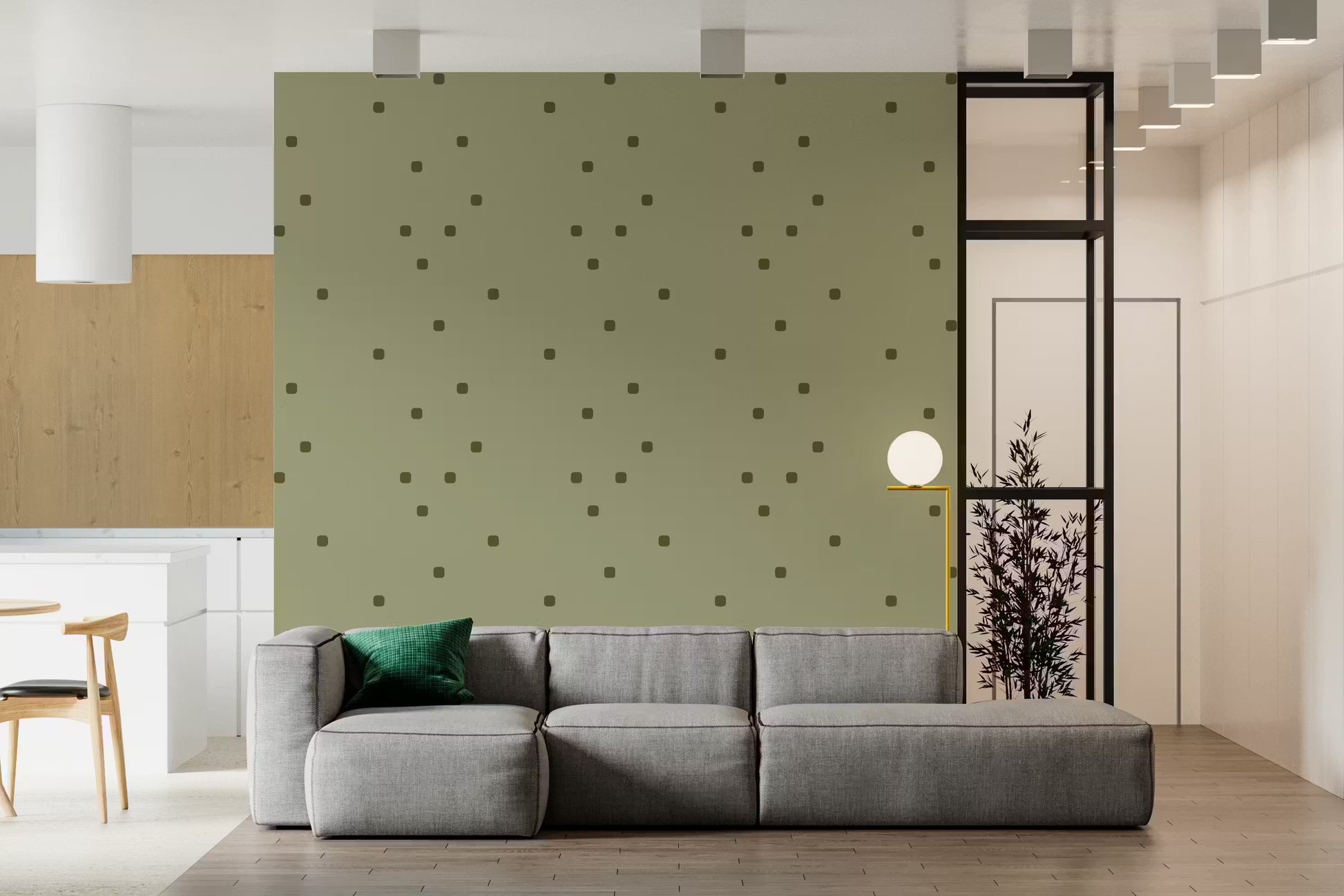 Sage Green Polka Dot Wallpaper with scattered dark olive rounded squares.