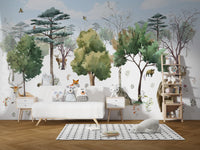 Playful enchanted forest animals wallpaper for kids' walls.