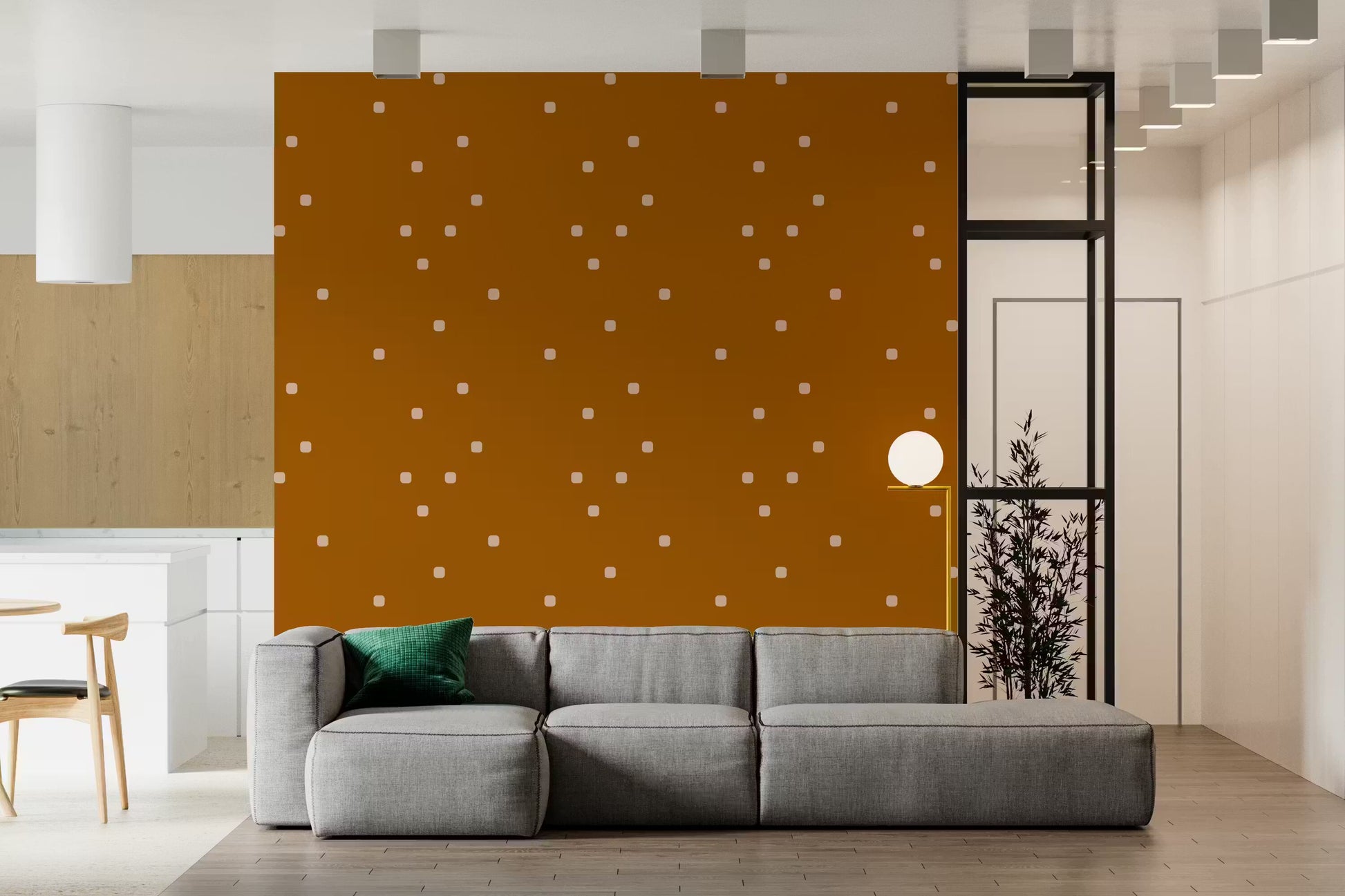 Two-tone polka dot pattern wallpaper in burnt orange and creamy beige for living room.