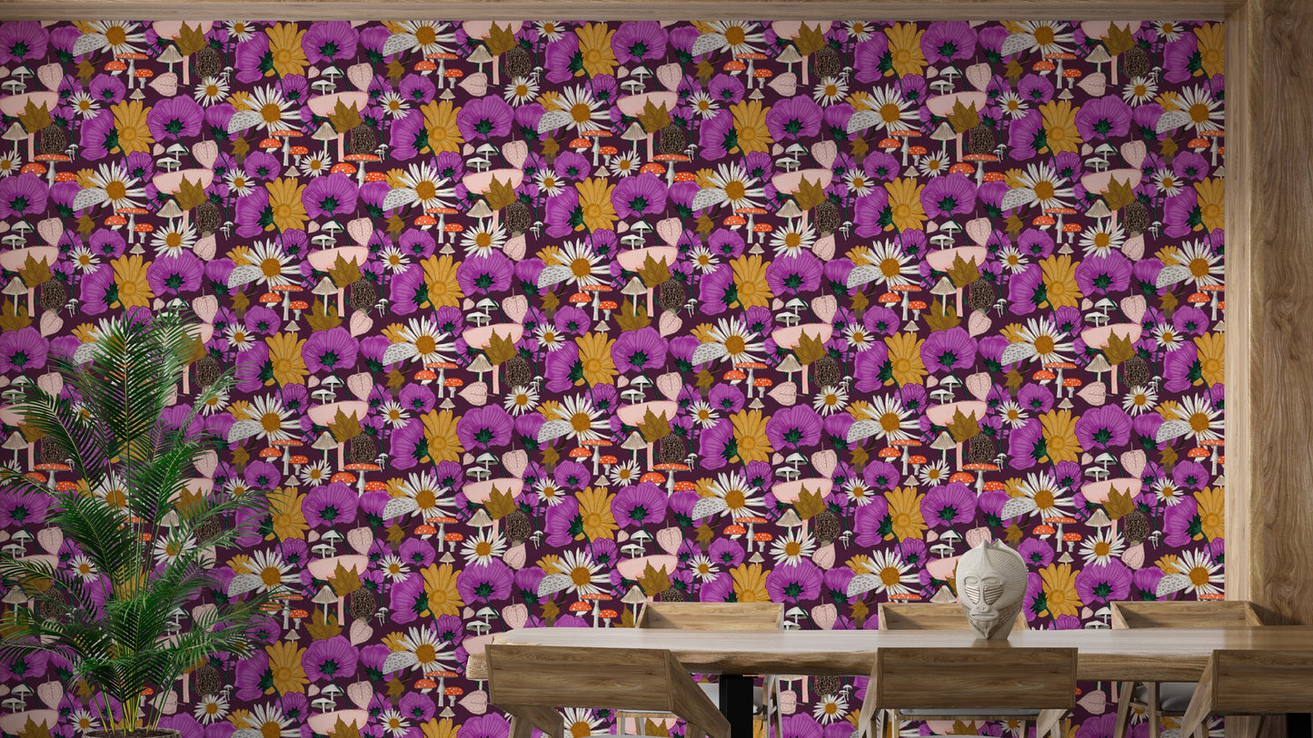 Whimsical Wild Flowers and Mushrooms Purple Wallpaper