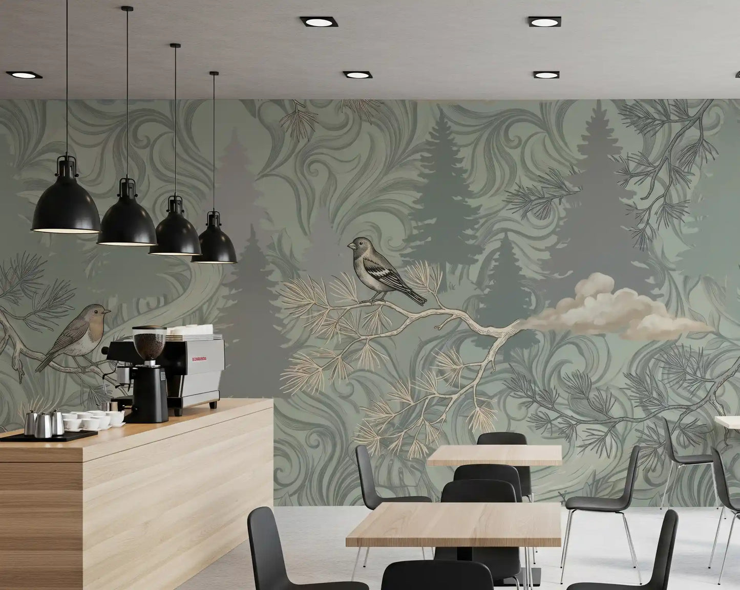 Misty Pine Forest Aviary Wall Mural