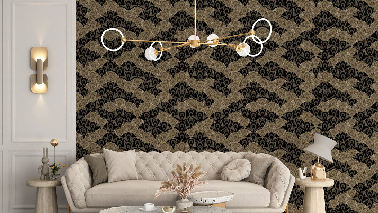 Luxurious ocean wave wallpaper in gold tones